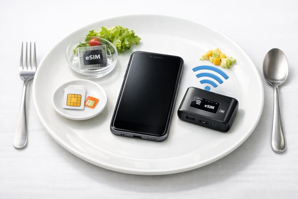 スマホとeSIM、SIMカード、Wi-Fiルーターが皿の上に並び、海外通信の組み合わせを表現したイメージ