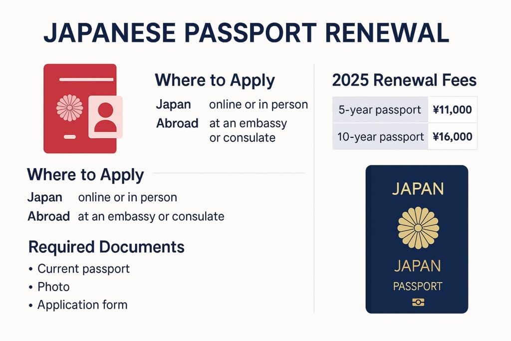 日本のパスポート更新手続きに関するインフォグラフィック。申請場所、必要書類、更新費用(2025年版)を紹介。