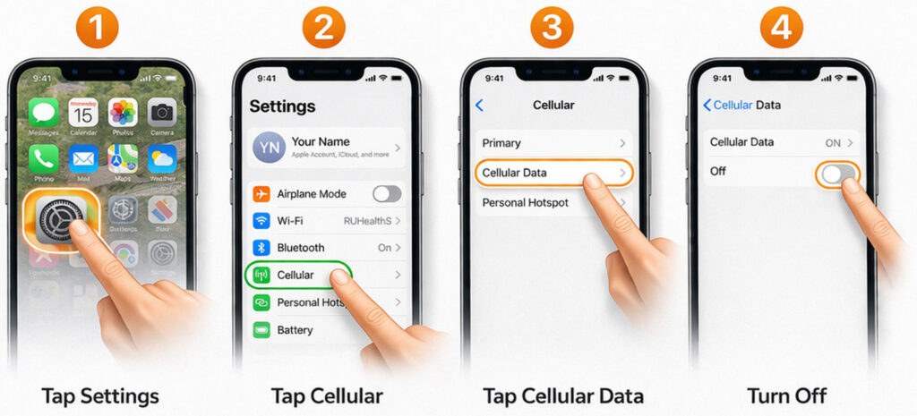 Step-by-step iPhone tutorial showing how to turn off cellular data through Settings, Cellular, and Cellular Data options.