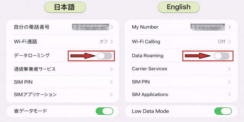 iPhoneのデータローミングをオフにした状態を日本語と英語で比較した画像