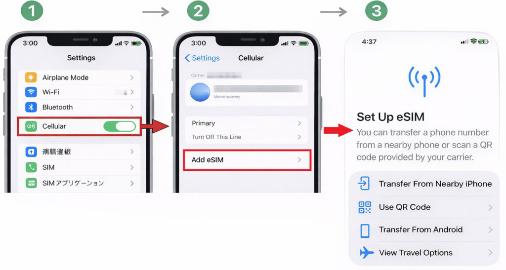 Step-by-step guide showing how to add an eSIM on iPhone using English settings interface