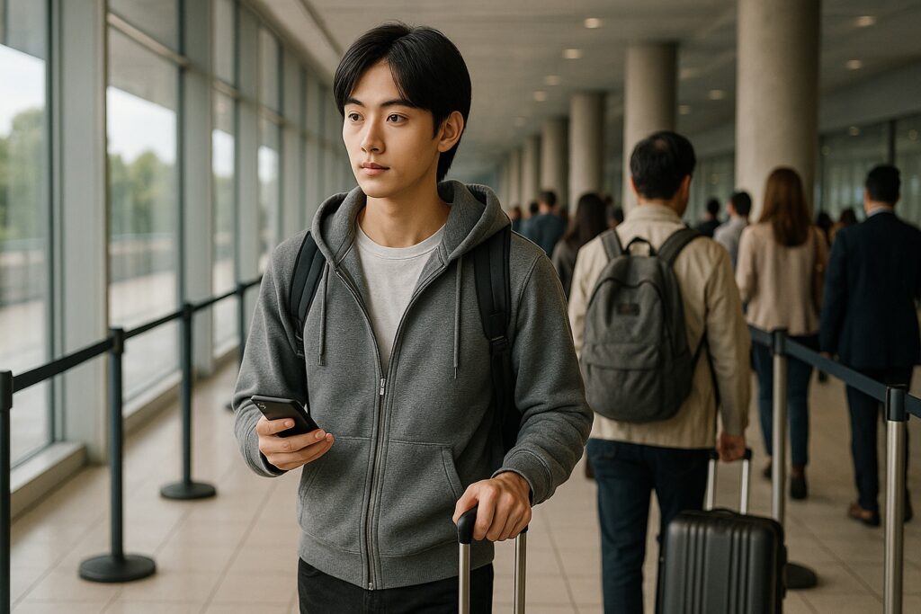 Visit Japan Web専用レーンに向かう青年と空港内の入国審査の様子