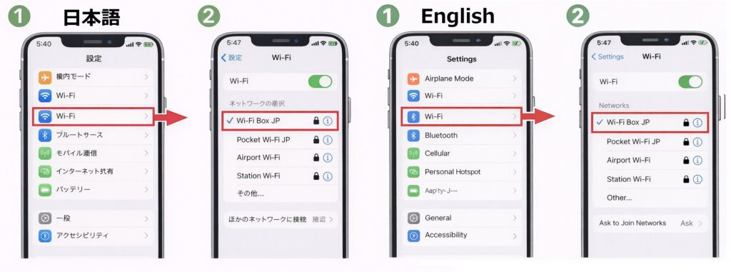 iPhoneでWi-Fiに接続する手順を日本語と英語の設定画面で比較した図解
