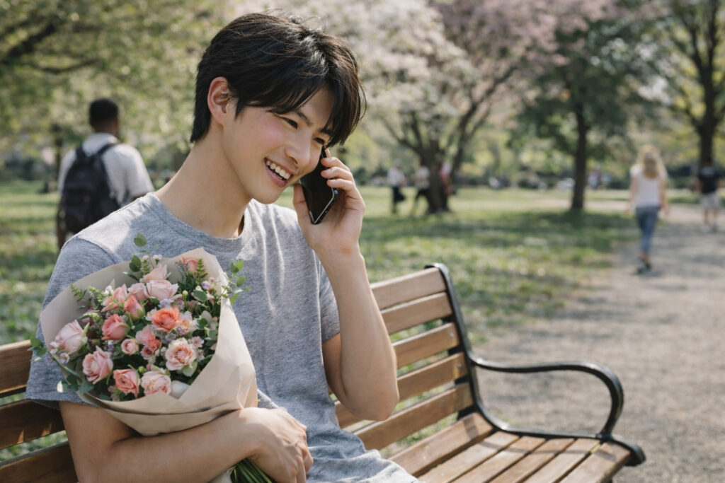 公園のベンチでスマートフォンを使って通話する男性と花束、海外から日本の電話番号を利用するイメージ