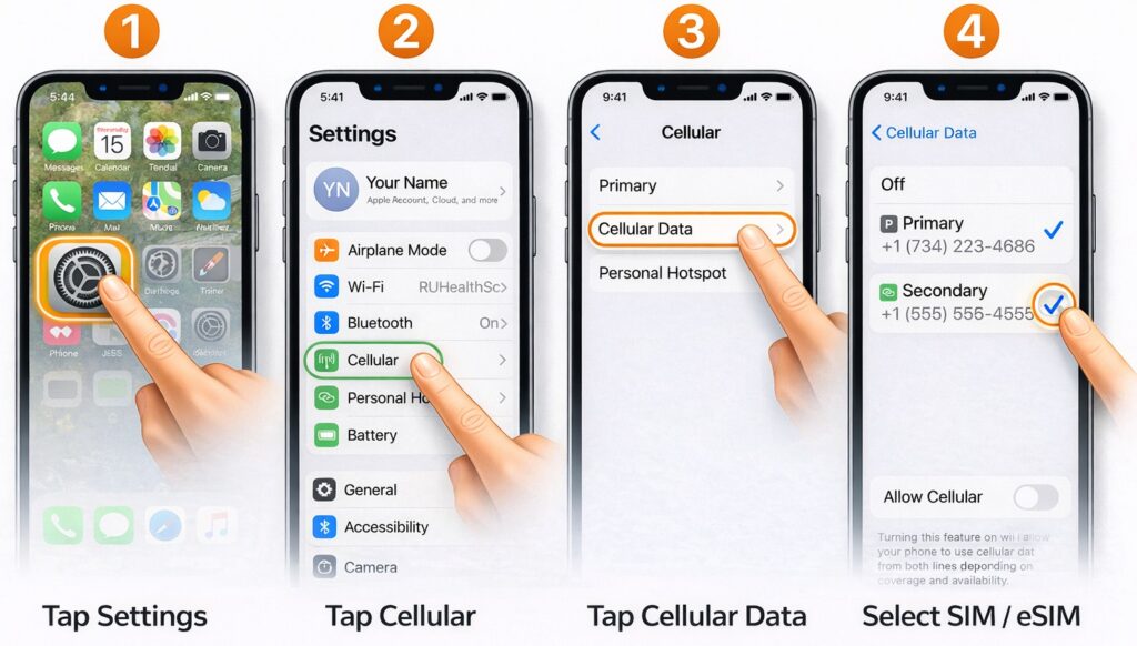 Illustration showing how to select a SIM or eSIM for mobile data in iPhone settings in English, navigating through Cellular and Cellular Data options