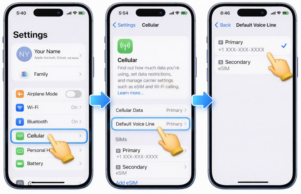 iPhone settings guide showing how to set the default voice line by navigating from Settings to Cellular and selecting the primary SIM under Default Voice Line in a dual SIM setup.