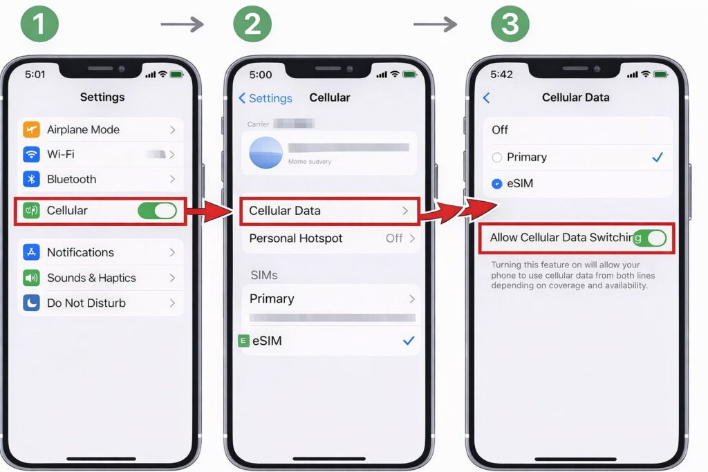 How to enable Allow Cellular Data Switching on iPhone (English settings): Settings → Cellular → Cellular Data → turn on Allow Cellular Data Switching