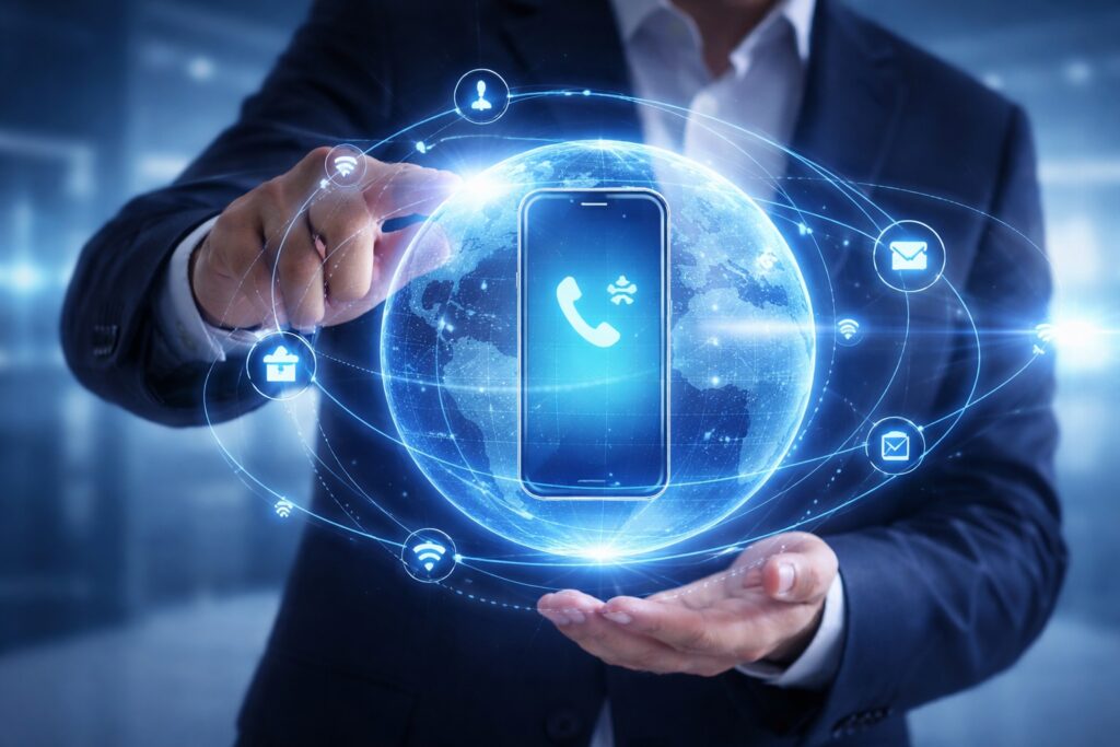 海外ローミングでスマホが海外でも通話・SMS・データ通信に接続されるイメージ