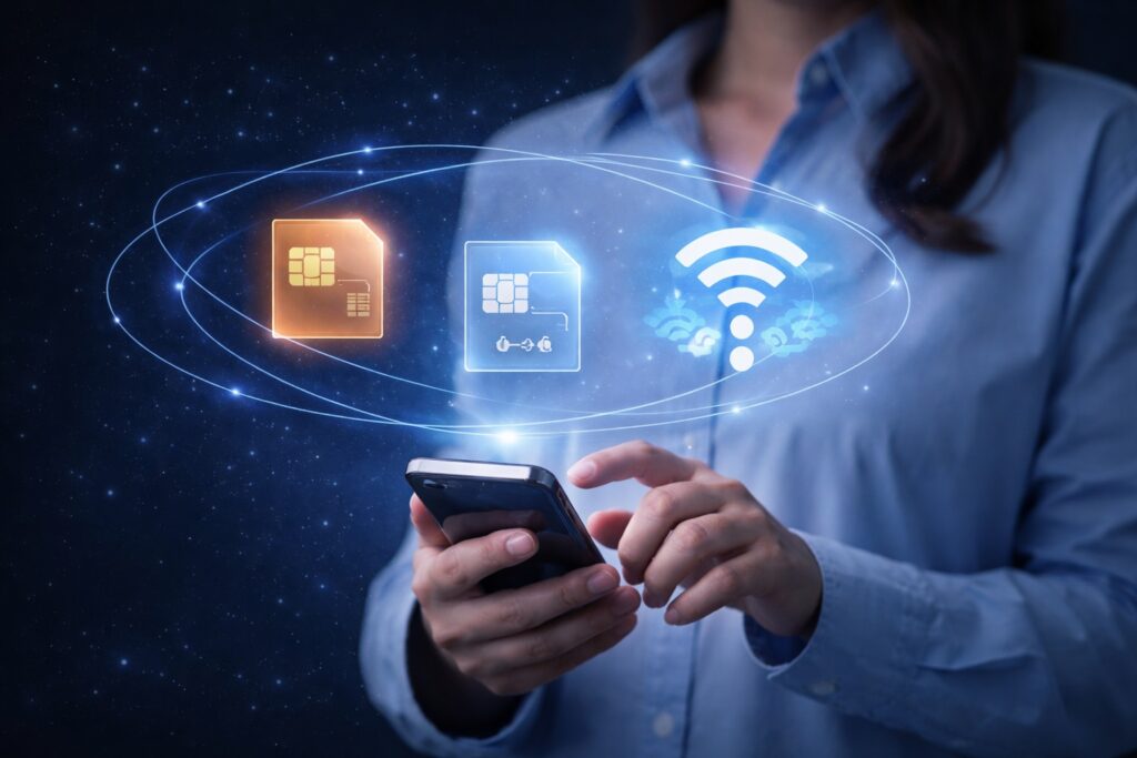 iPhoneでSIM・eSIM・Wi-Fiなど複数の通信方法を設定しているイメージ