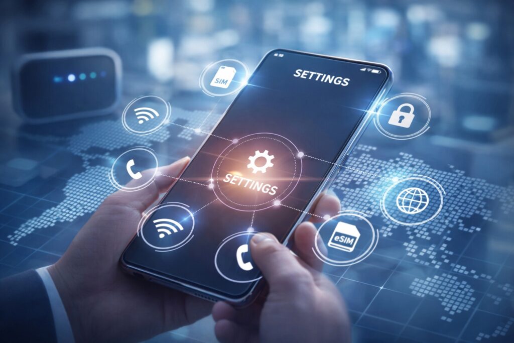 スマートフォンの通信設定や接続方法を表すデジタルイメージ