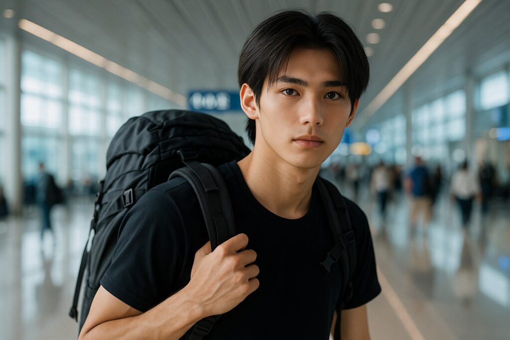 空港で大きなバックパックを背負う若い男性旅行者