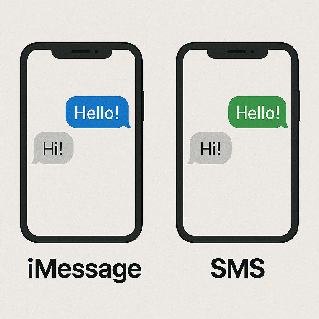 iMessageとSMSの違いを示すiPhoneの画面。青い吹き出しはiMessage、緑はSMSを表している。