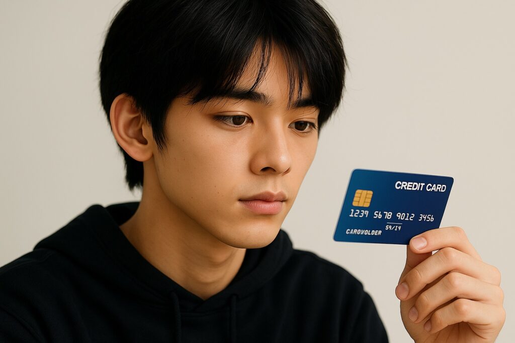 クレジットカードを手にじっと見つめる若い男性