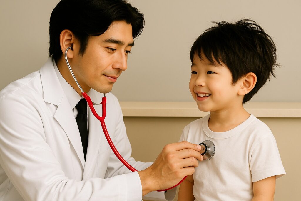 笑顔の医師が赤い聴診器で幼い男の子の胸を診察している様子