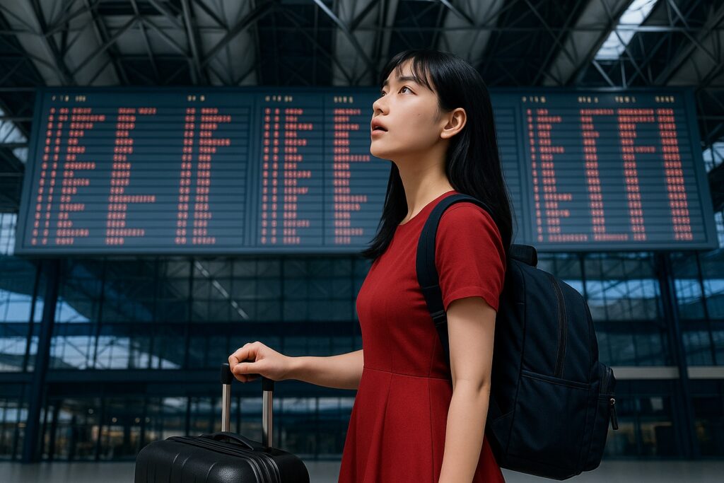 空港の出発案内板を見上げる若い女性旅行者