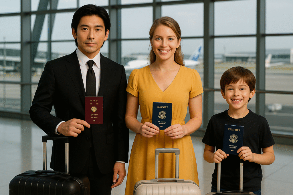 空港でパスポートを手にした国際家族。日本人男性と外国籍の妻と子どもが入国手続きのために並んでいる。