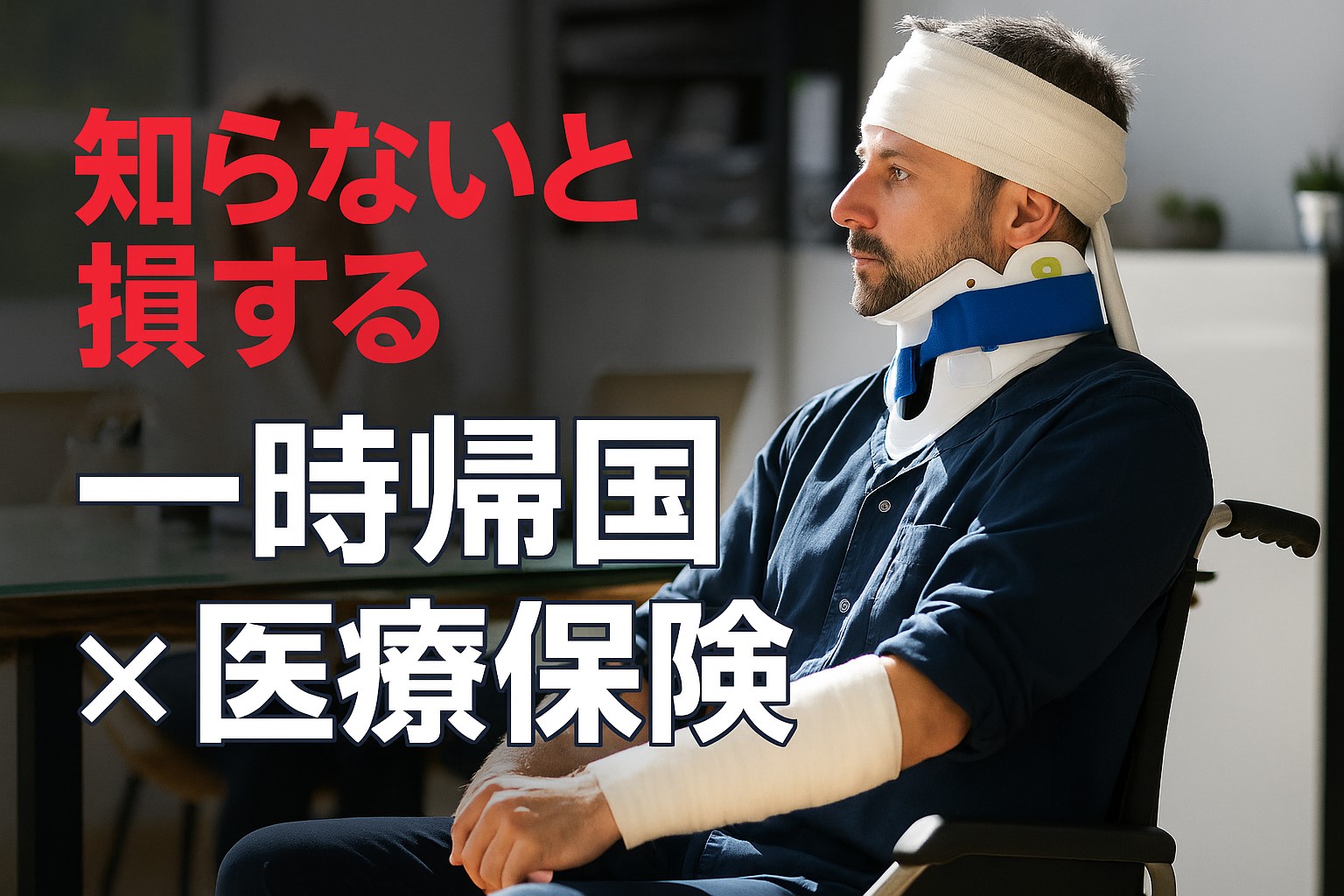負傷した男性の写真に「知らないと損する 一時帰国 × 医療保険」というキャッチコピーが重ねられたサムネイル画像。