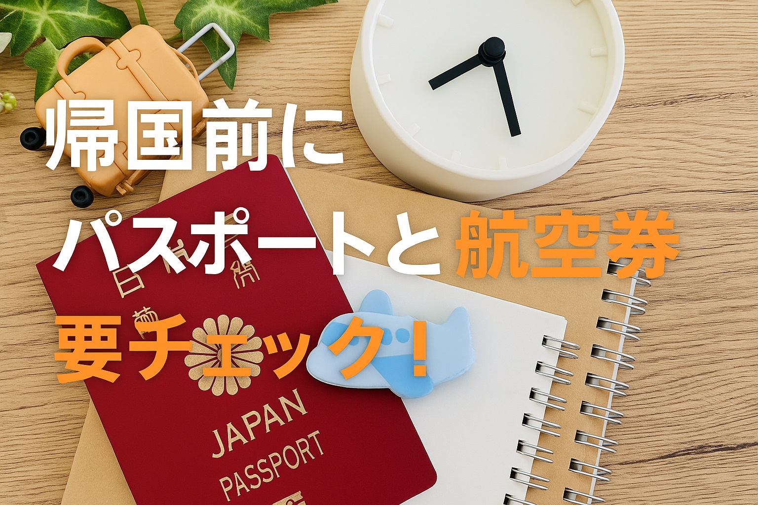 日本のパスポートとスーツケースのミニチュア、航空機の消しゴム、時計とノートが並んだ帰国準備のイメージ画像。上に「帰国前に パスポートと航空券 要チェック！」というテキスト入り。