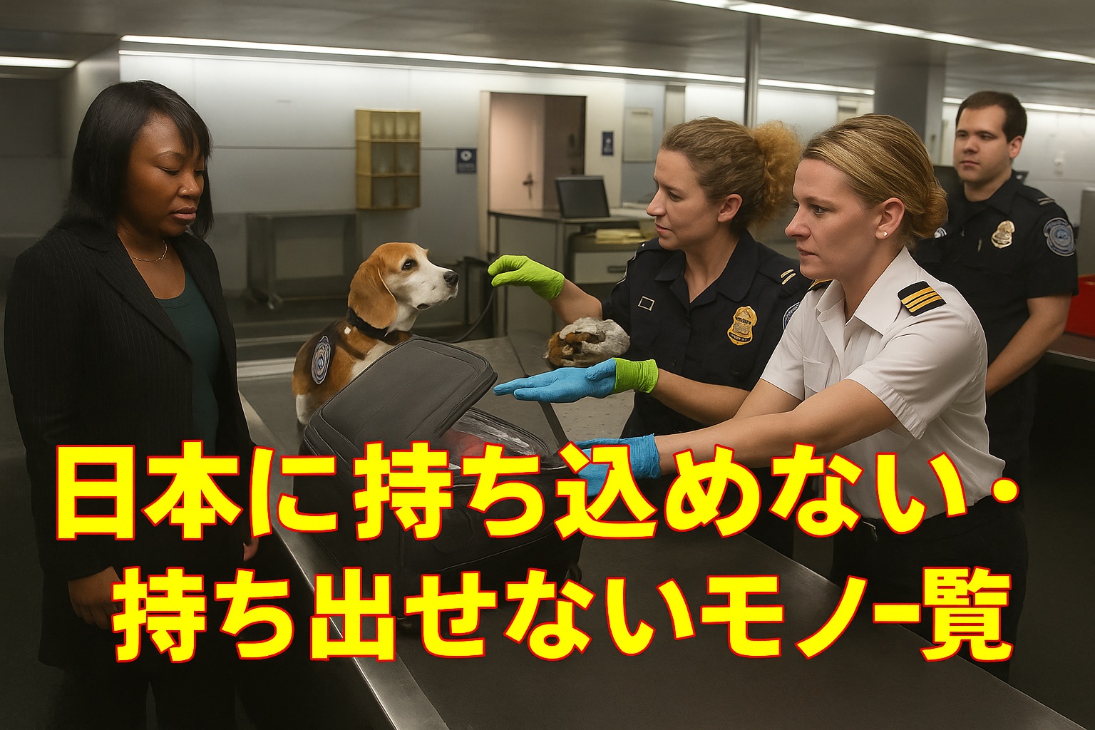 空港で税関職員がスーツケースの中身を検査している様子と、「日本に持ち込めない・持ち出せないモノ一覧」という文字