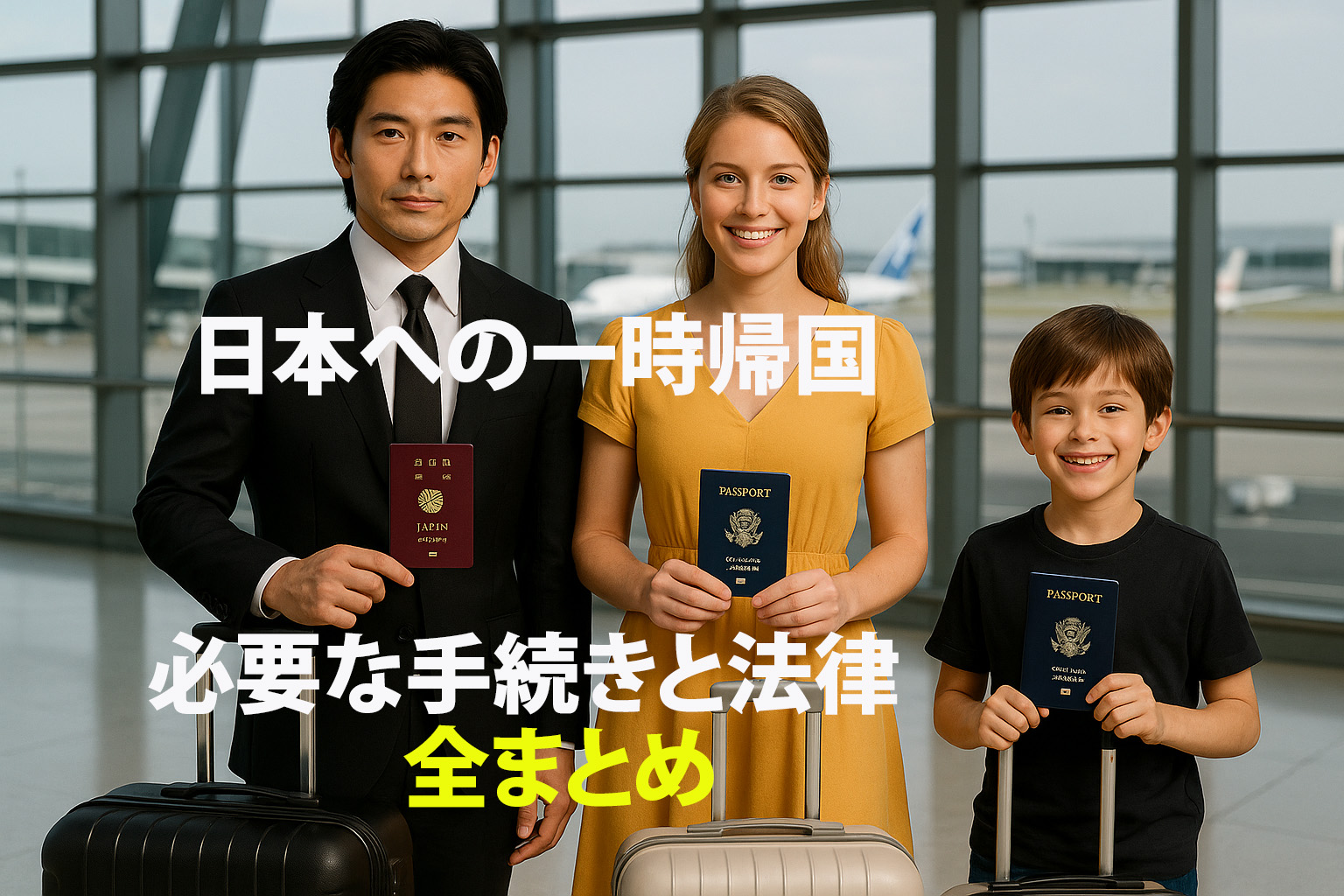 海外在住の家族が日本の空港に到着する様子｜一時帰国に必要な手続きと法律のまとめ