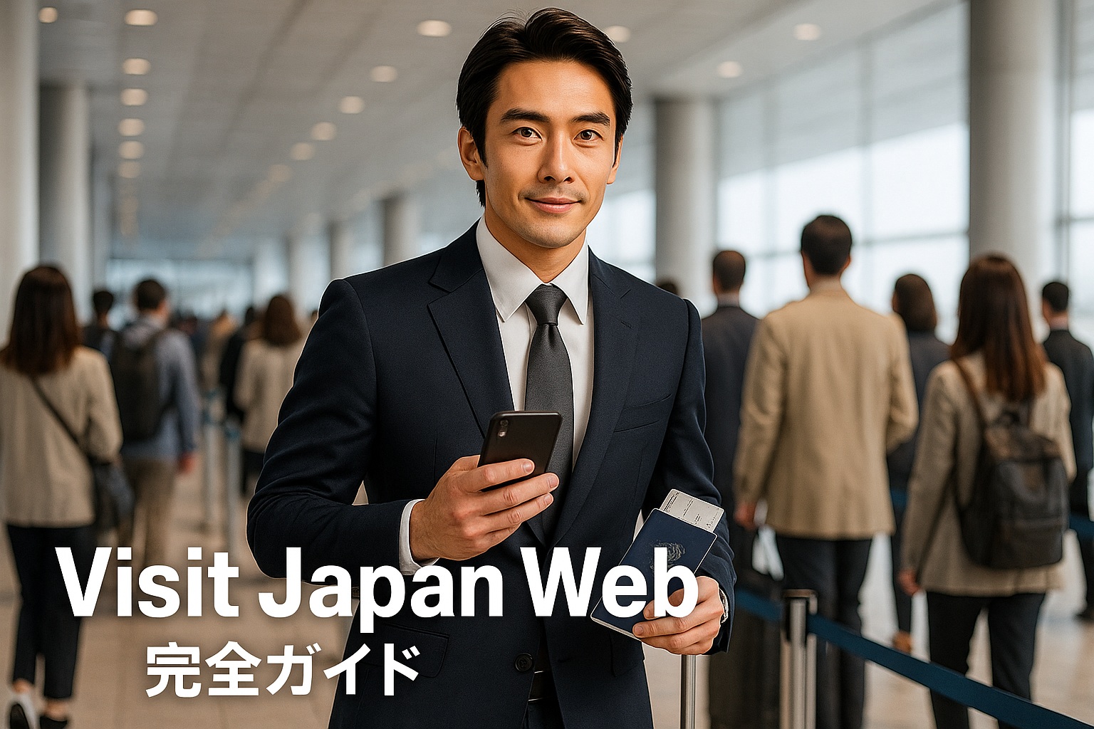 Visit Japan Webの登録端末を操作する青年。日本入国手続きをスマートフォンで進めている様子を描いた空港のアニメ風イラスト。