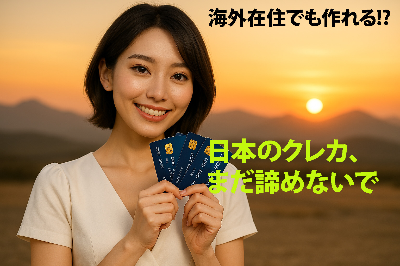 日本のクレジットカード数枚を両手で持つ女性。背景は体表と山々