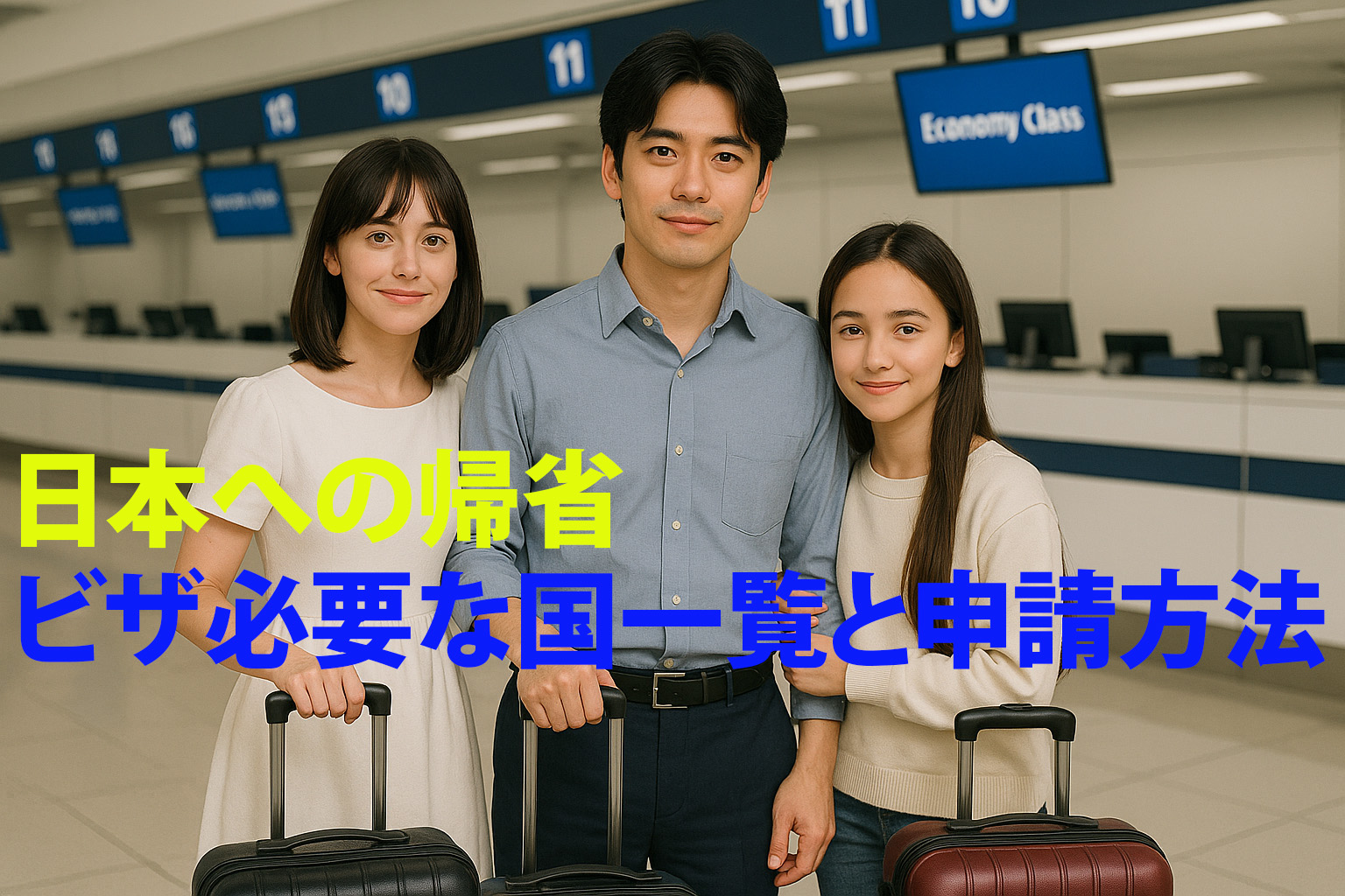 チェックインカウンター前に立つ家族と「日本への帰省 ビザ必要な国一覧と申請方法」という文字