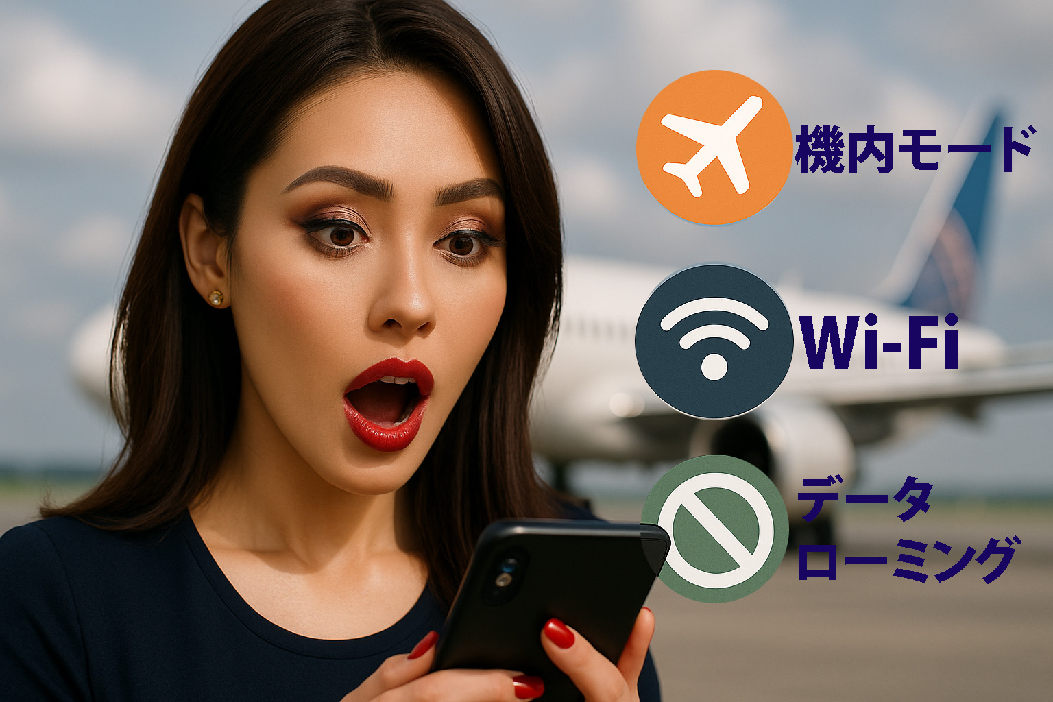 iPhoneの設定画面を見て驚く女性と、機内モード・Wi-Fi・データローミングのアイコン