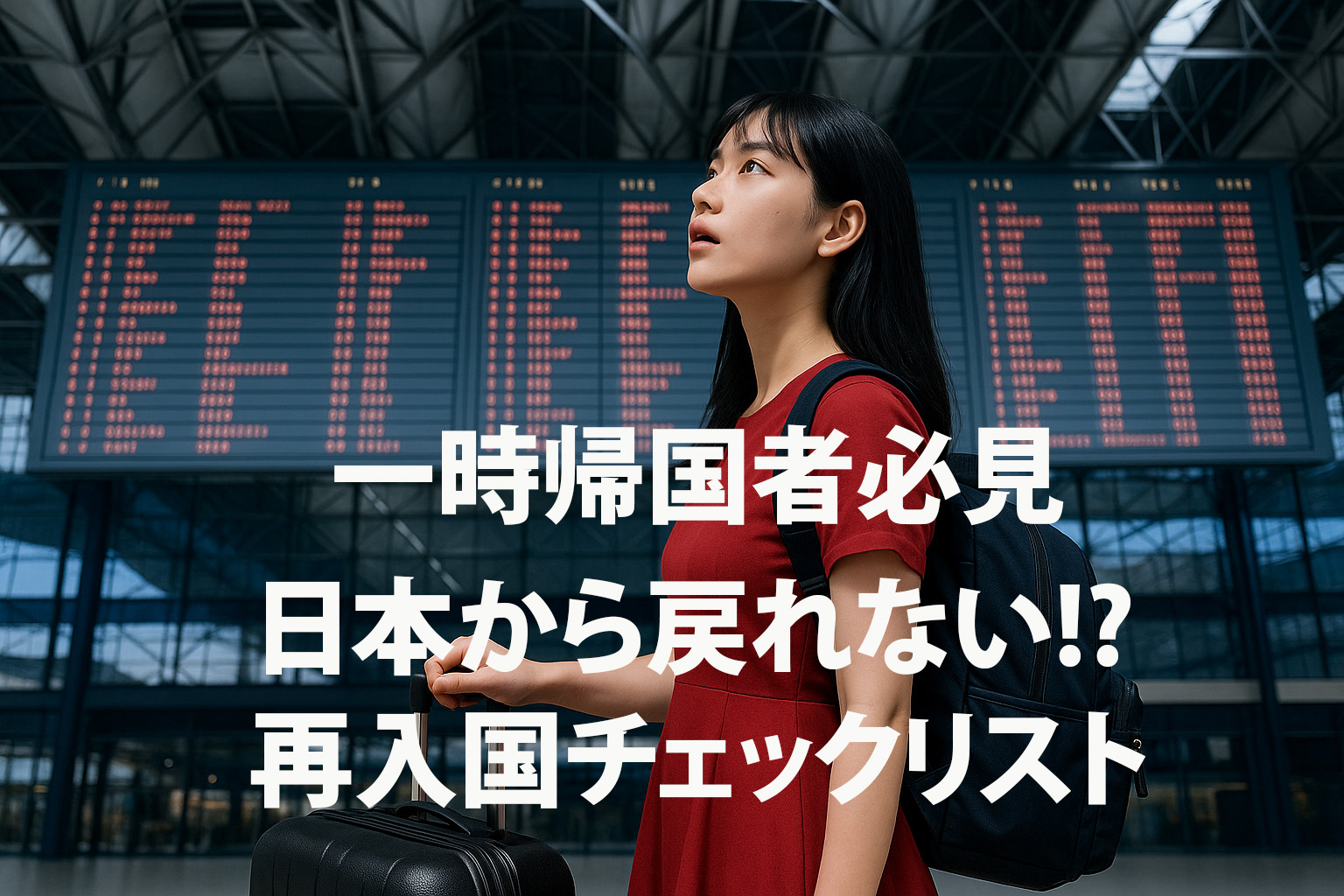 空港の出発案内板を見上げる女性の姿。一時帰国から滞在国への再入国に備えるイメージ。
