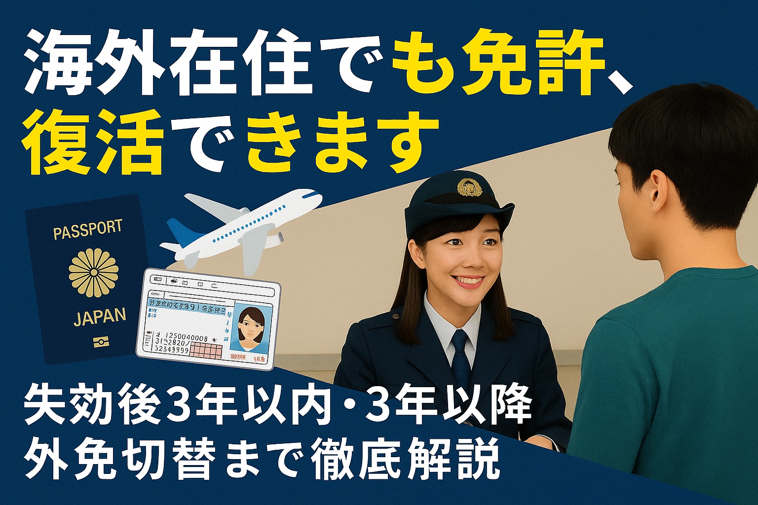 海外在住者が免許センターで運転免許の再取得について相談している様子。係員が丁寧に対応。