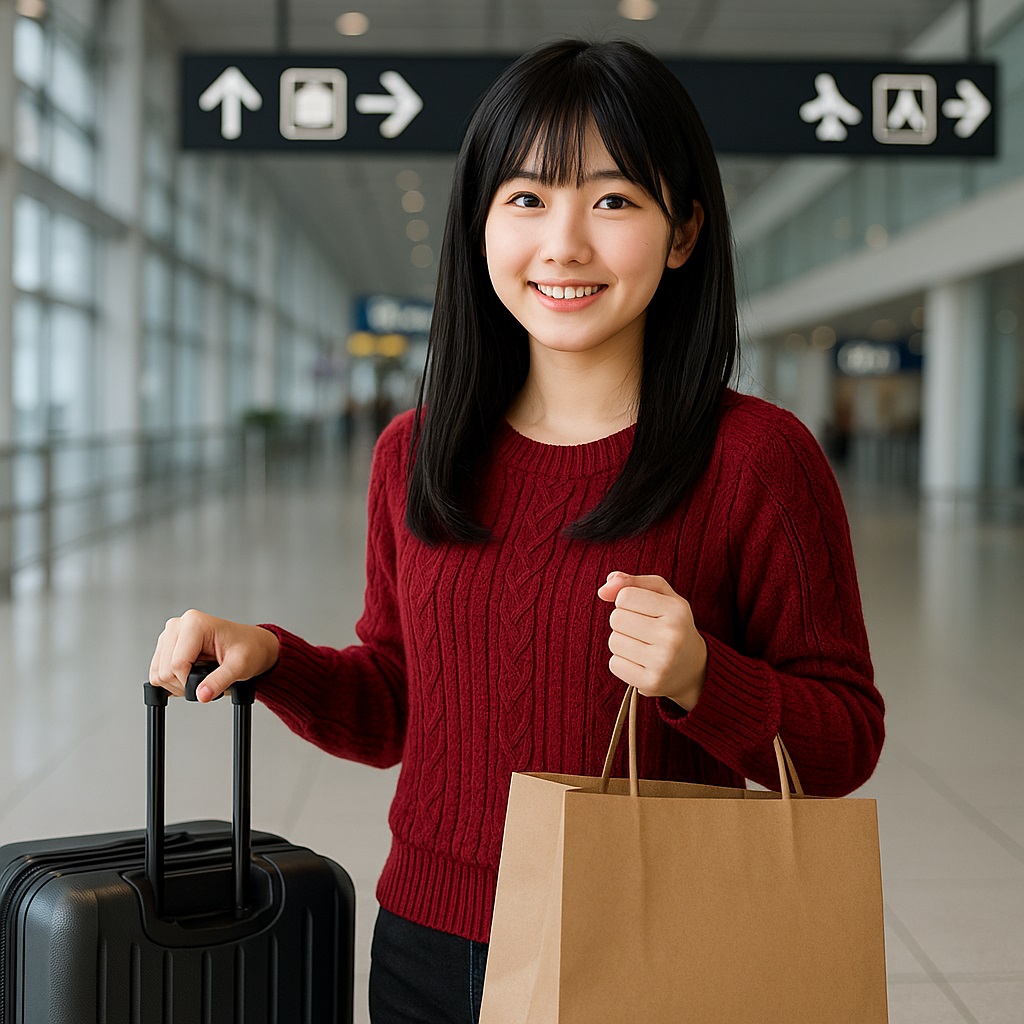 赤いニットを着た女性が空港でスーツケースと紙袋を持って歩く姿