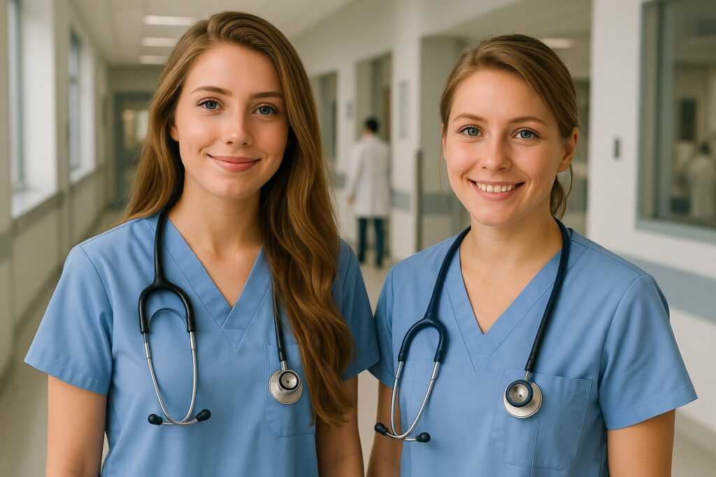 青いスクラブを着た二人の若い女性看護師が病院の廊下で微笑んでいる