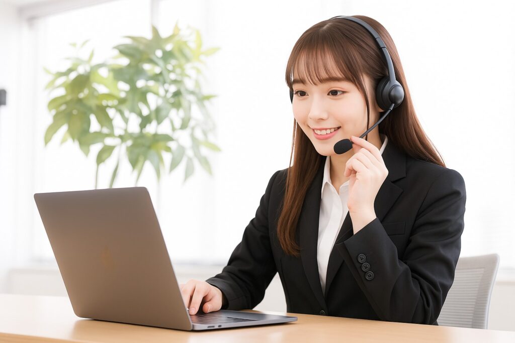 ヘッドセットを着用してパソコンで対応する笑顔の女性オペレーター