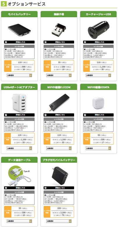 WiFiレンタルどっとこむの充電器・中継機などのオプションサービス一覧