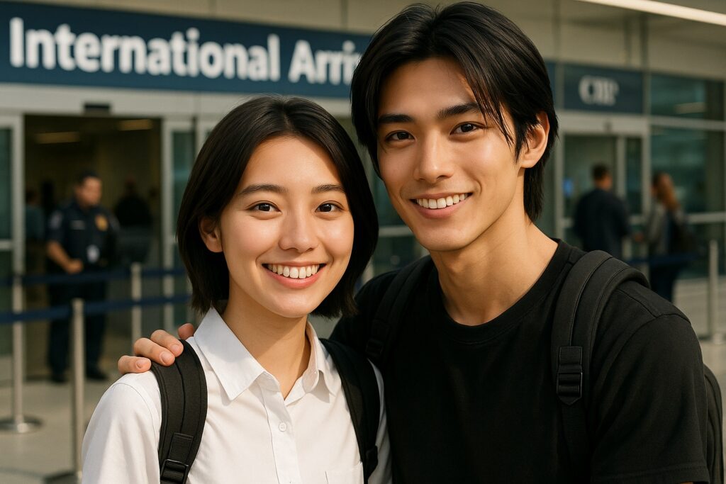 アメリカの空港「International Arrivals(国際到着)」エリアで再会する若い日本人男女。笑顔でカメラを見つめている。