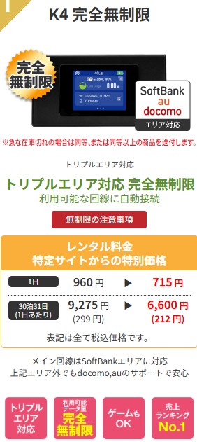 SoftBank・au・docomo対応のK4完全無制限WiFiルーター