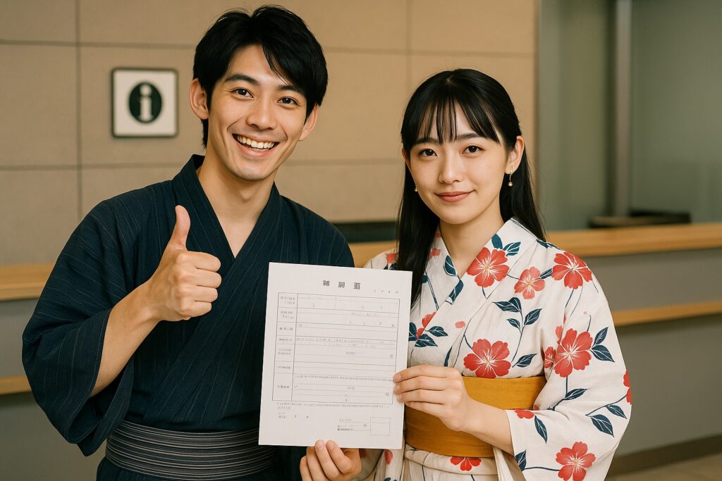 住民票の写しを手に笑顔を見せる浴衣姿の若い日本人カップル