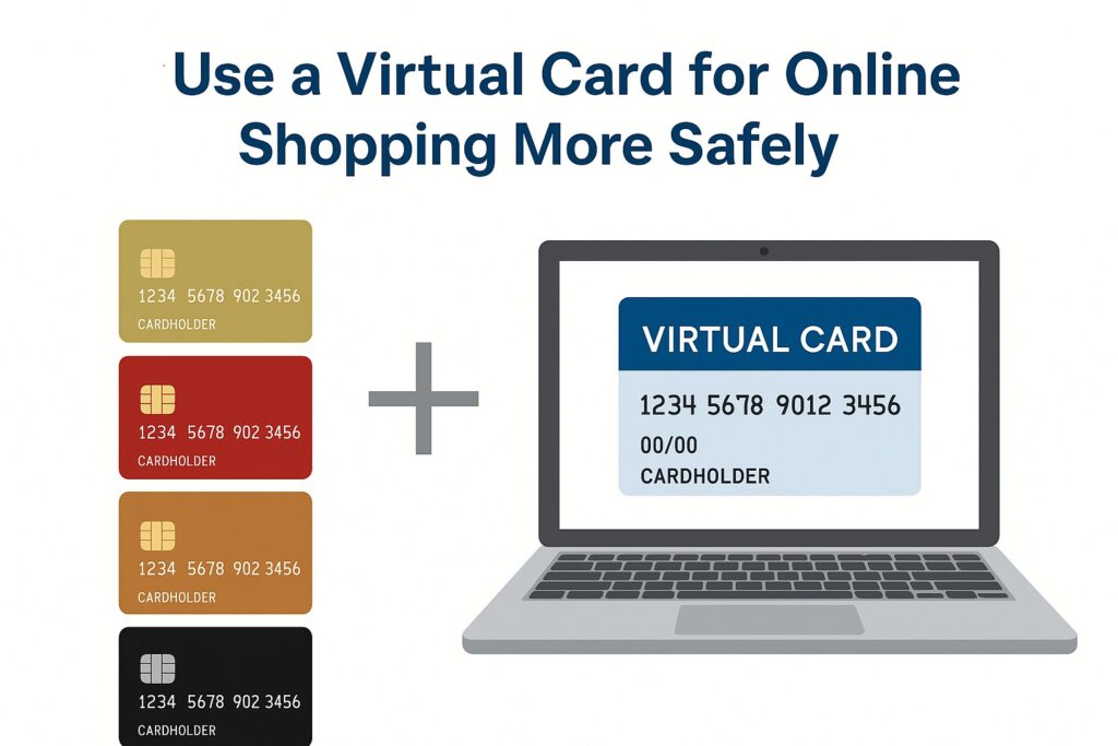 ノートパソコン画面に表示されたバーチャルカードと複数のクレジットカードのイラスト

