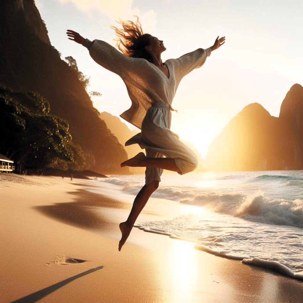 夕暮れのビーチでジャンプして喜ぶ女性