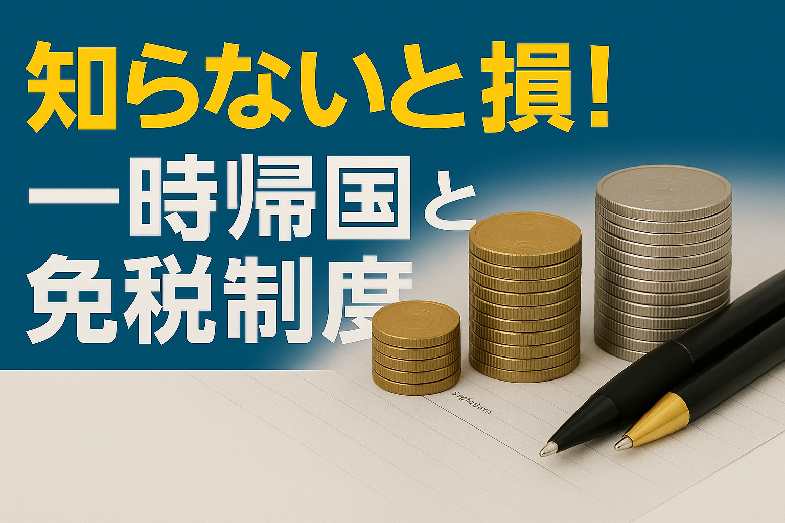 知らないと損！一時帰国と免税制度という文字と積み重なるコインとボールペンの写真