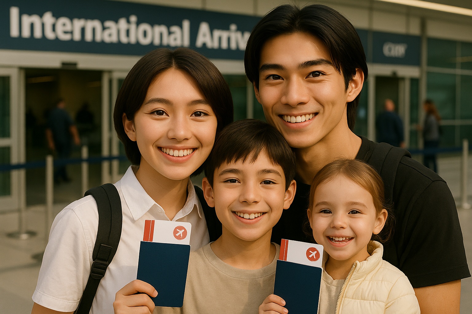 空港でパスポートと搭乗券を手に笑顔を見せる子どもと両親