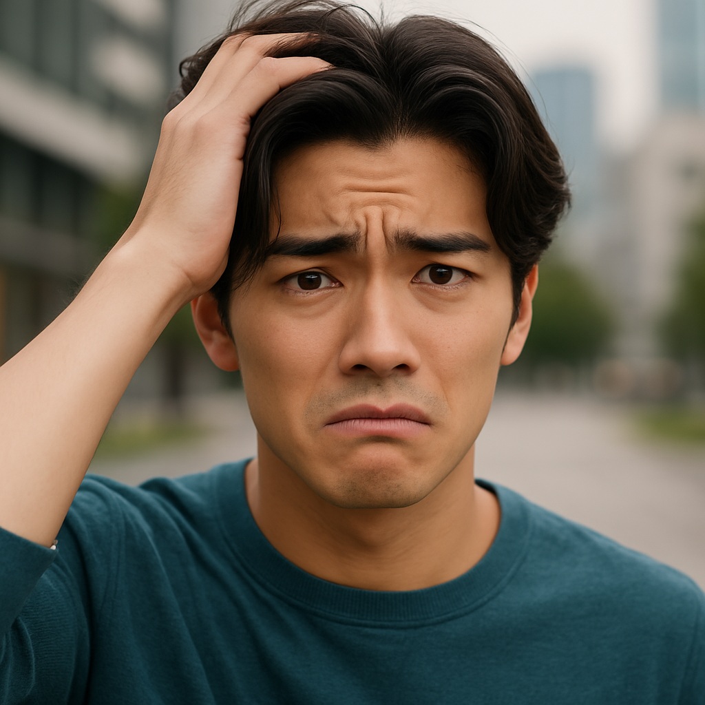 頭を軽く抱えて「うっかりしてた！」という表情を浮かべる男性の実写風イメージ。免許紛失に気づいた瞬間。