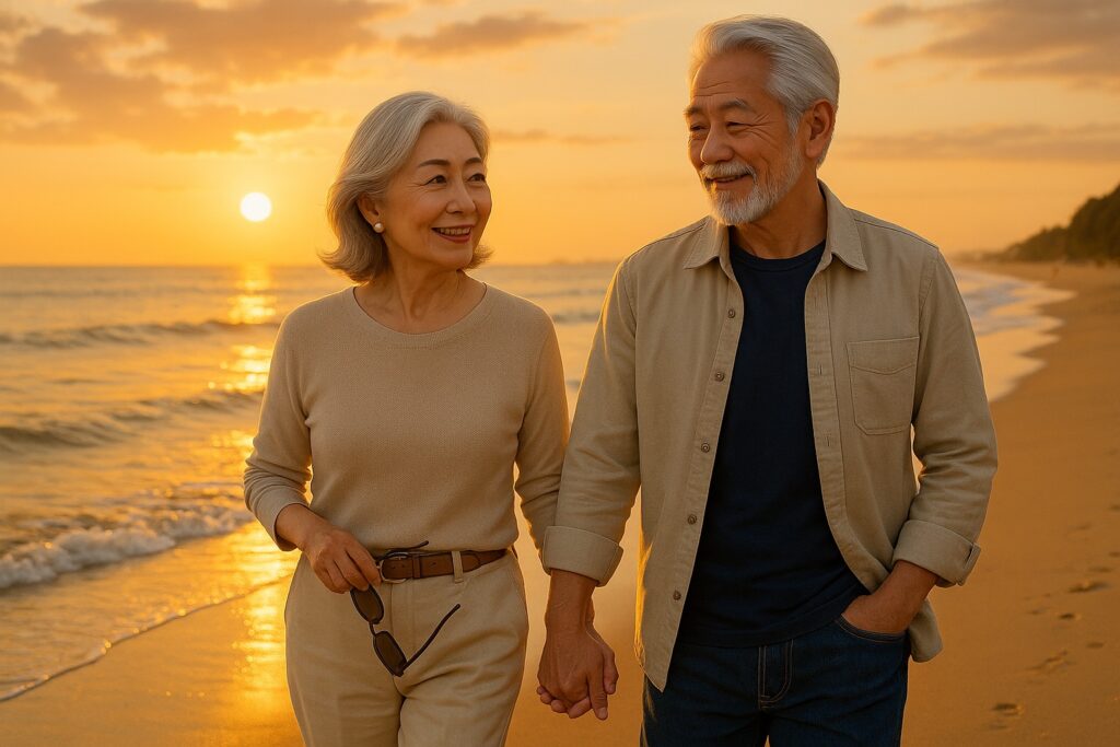 海辺で寄り添う中高年夫婦。安心感と家族向け保険を象徴するイメージ