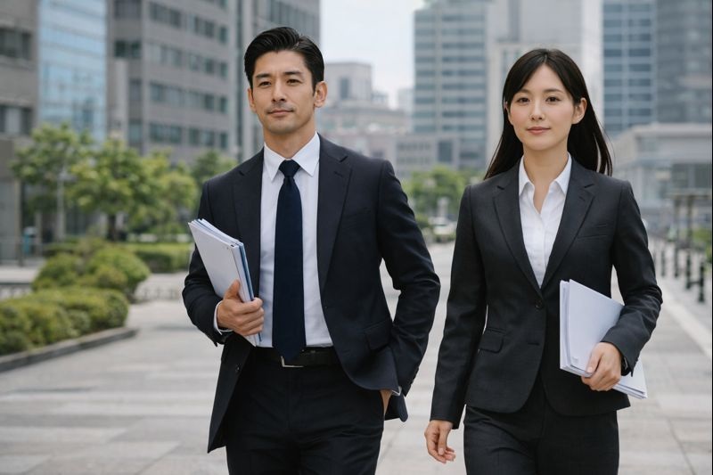 スーツ姿で書類を持ち、街中を歩く日本人の男女