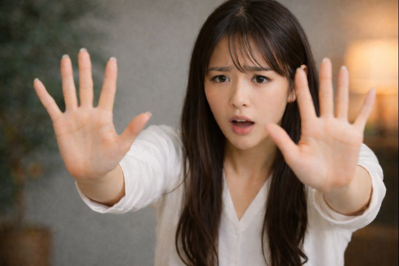 両手を前に出して制止するアジア系女性の実写写真