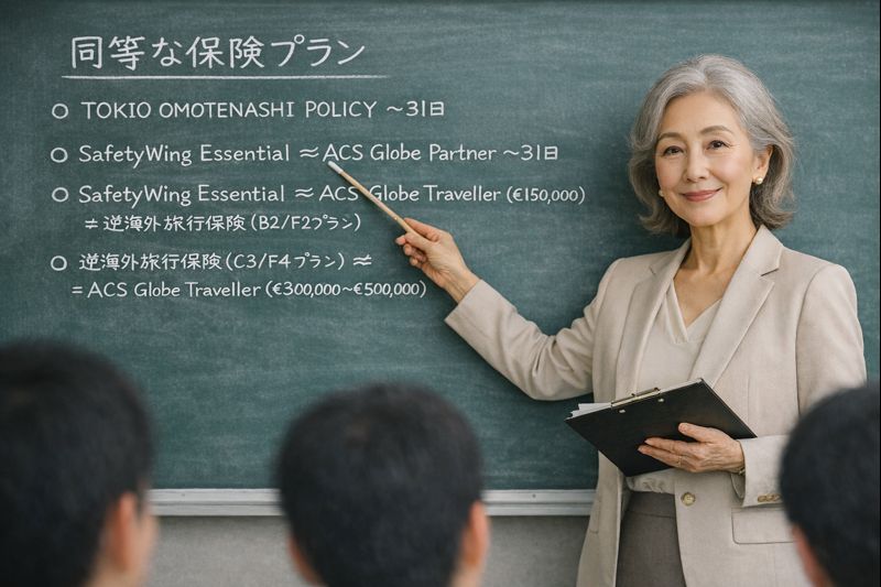 黒板に“同等な保険プラン ≒ 補償レベル＋滞在期間”と書かれた内容を指しながら、落ち着いた雰囲気で講義する年配の女性講師