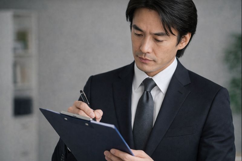 クリップボードを見ながらペンで確認作業をしている日本人男性