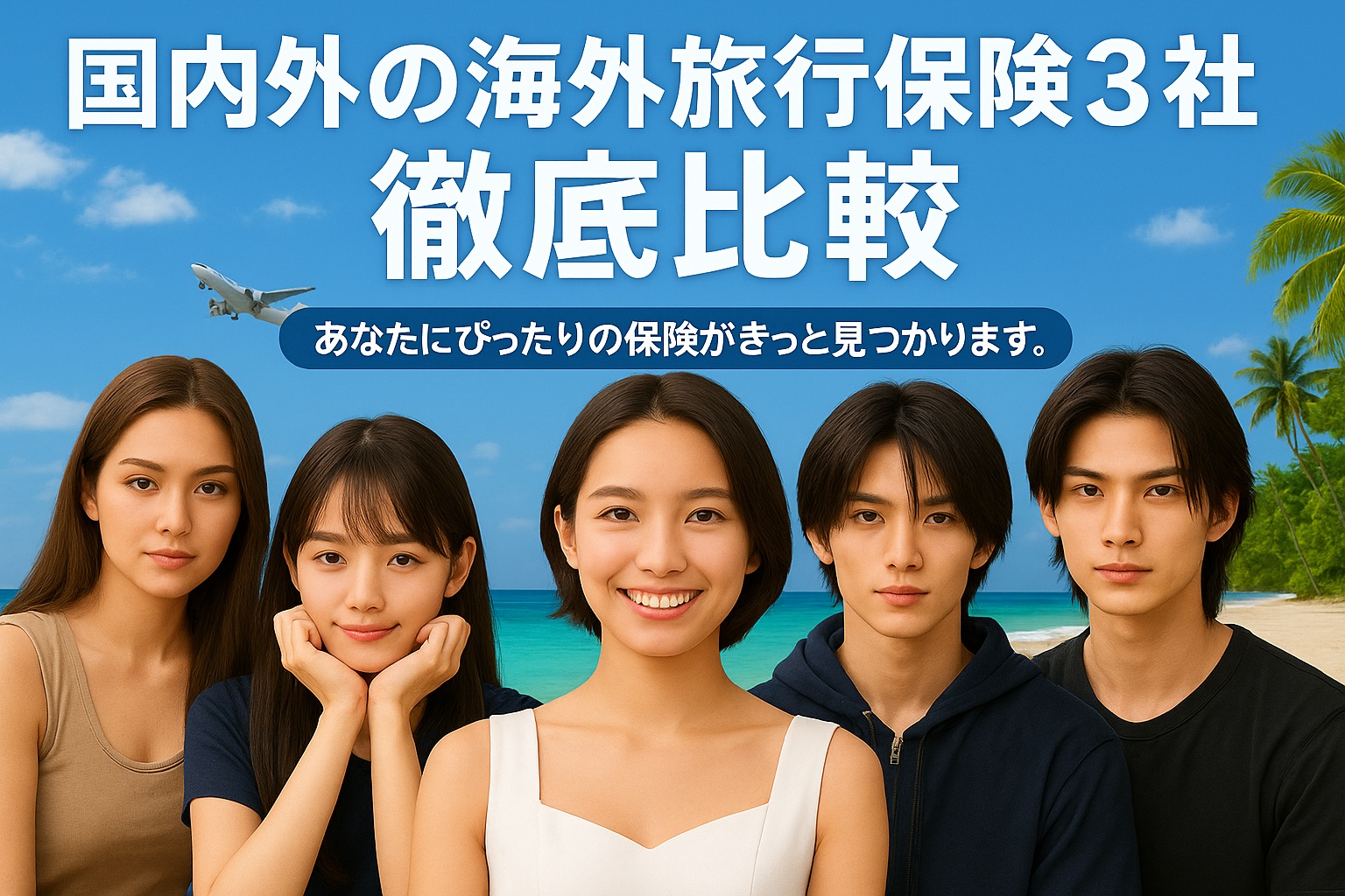 ビーチを背景に並ぶ若者5人と「国内外の海外旅行保険3社 徹底比較 あなたにぴったりの保険がきっと見つかります。」という文字
