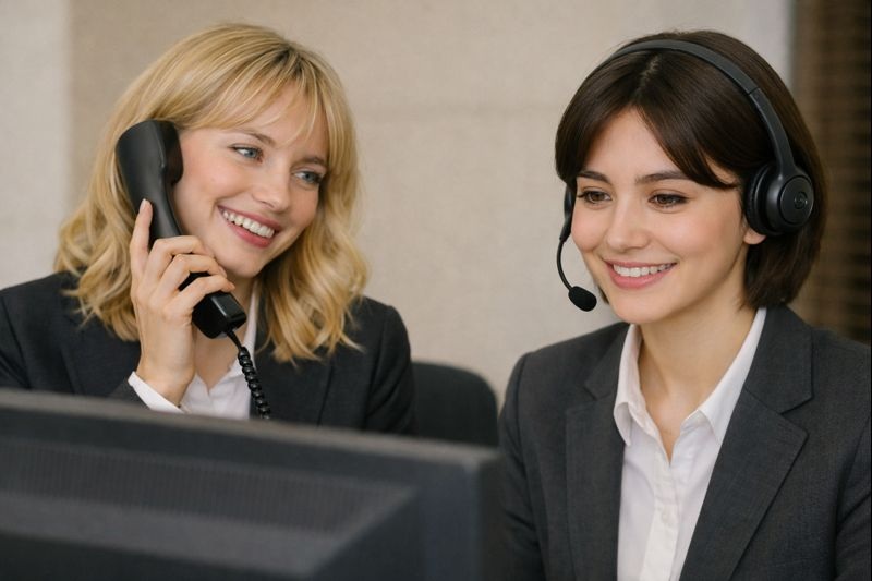 オフィスで電話とヘッドセットを使い、対応業務を行う外国人スタッフの実写イメージ