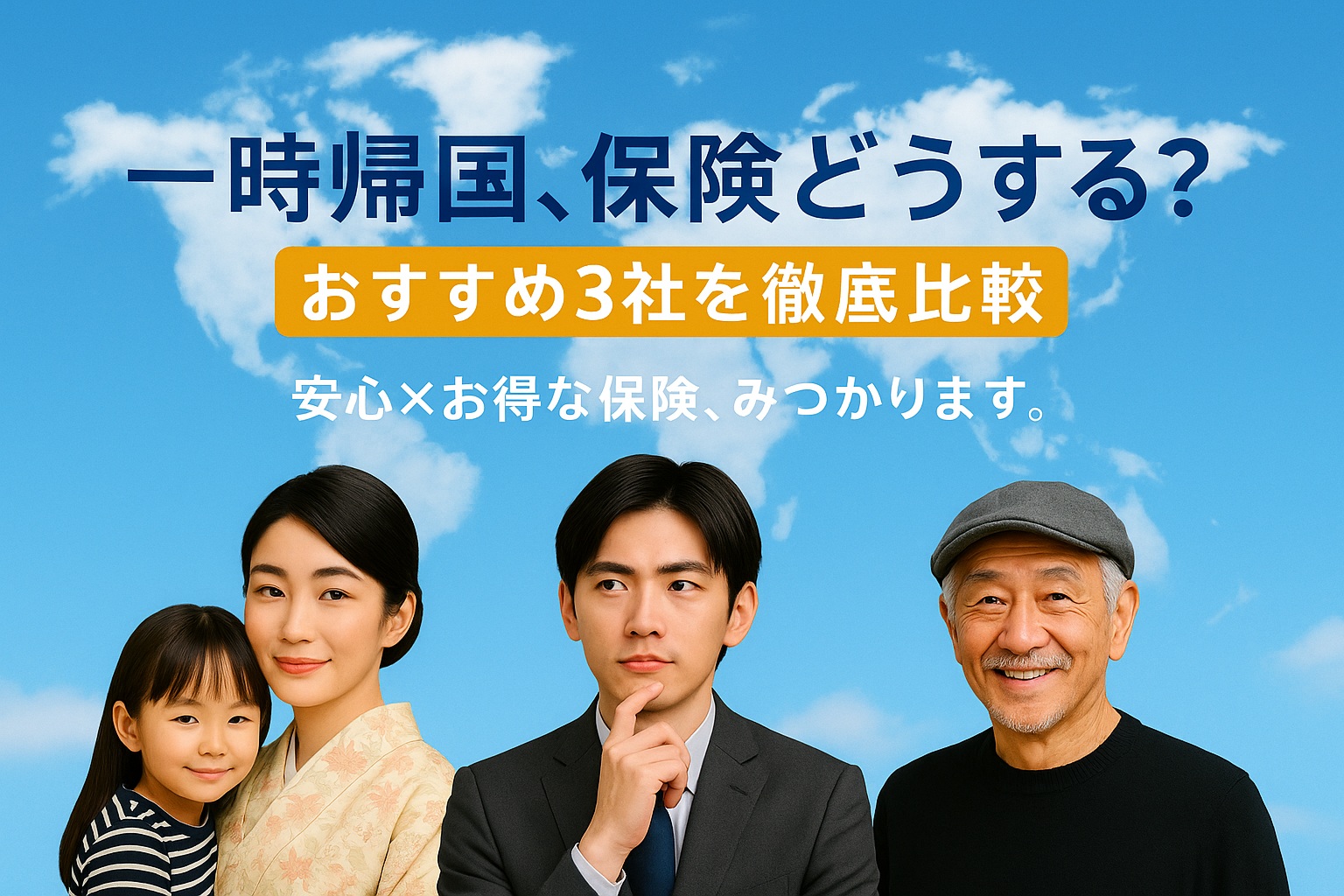空を背景にした家族3世代の集合写真と「一時帰国、保険どうする？ おすすめ3社を徹底比較 安心×お得な保険、みつかります。」というメッセージ